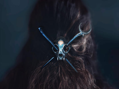 Cat skull hair pin (Small), Silver Night paint scheme