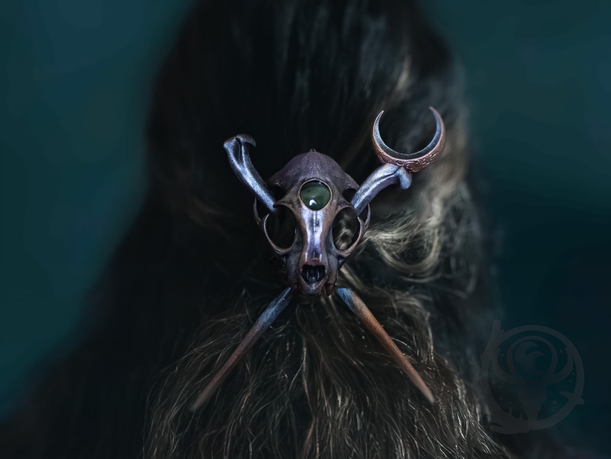 Cat skull hair pin, Copper Purple paint scheme