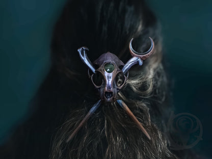 Cat skull hair pin, Copper Purple paint scheme